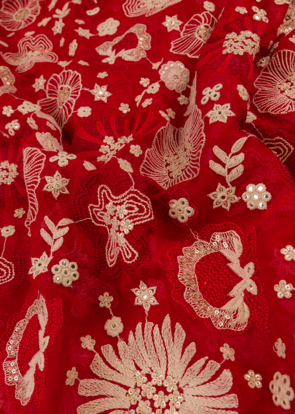 Red Georgette  Fabric Embroidered With Flower Pattern