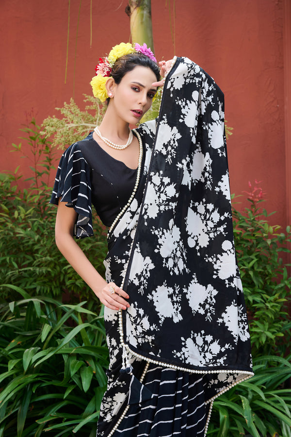 Black Printed Floral Saree