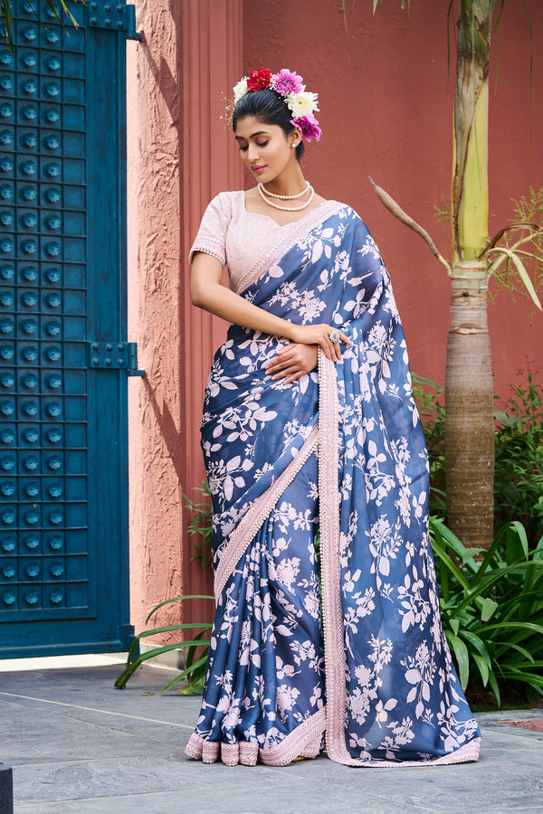 Teal Blue Satin Saree