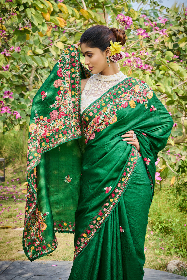 Dark Green Pure Tussar Saree