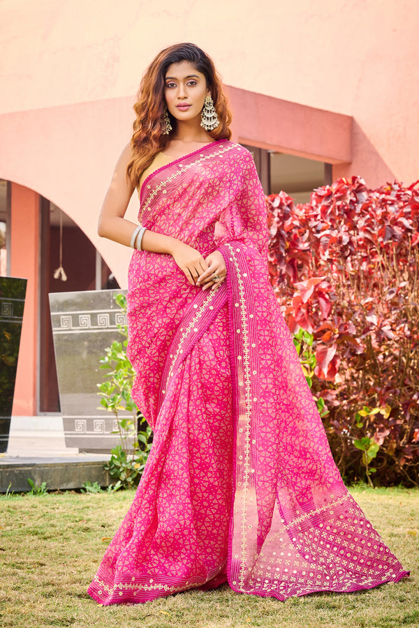 Pink Bandhani Print Saree