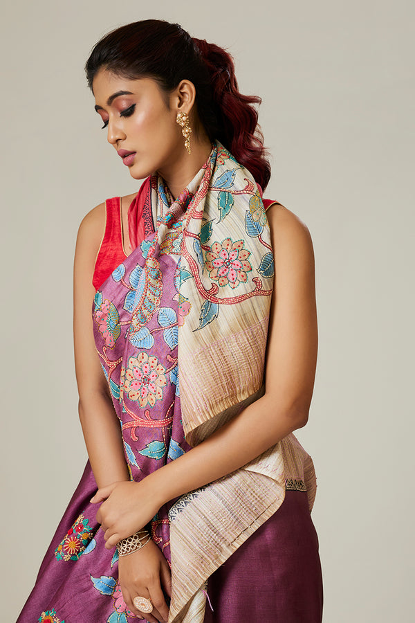 Violet Kantha Work Saree