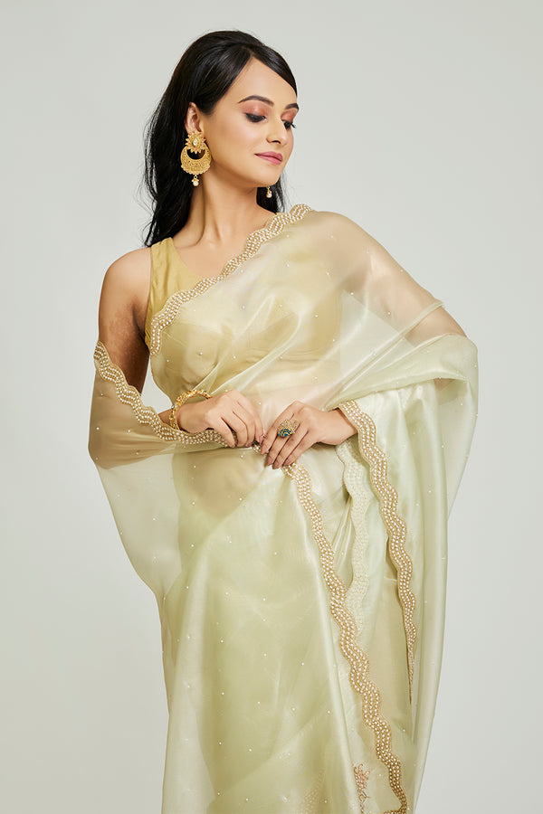 Olive Green Organza Tissue Saree