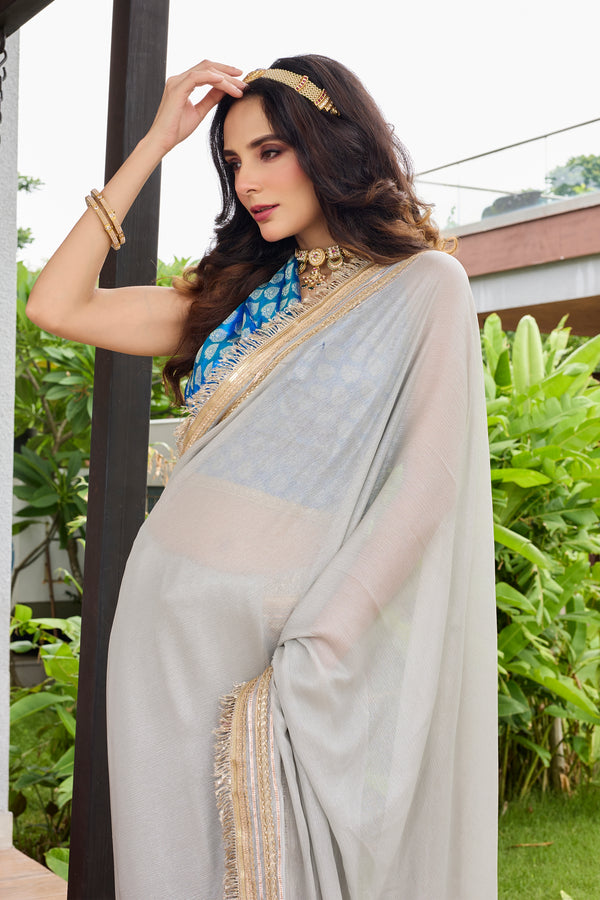 Grey Chiffon Saree With Beautiful Lace