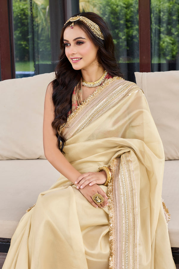 Beige Tissue Saree With Beautiful Lace