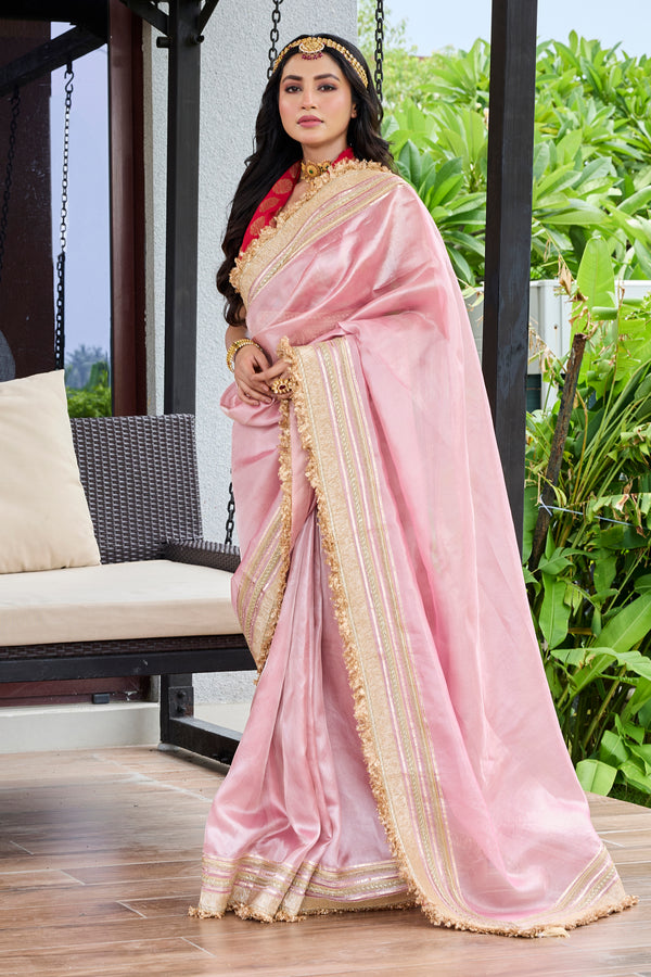 Pink Tissue Saree With Beautiful Lace