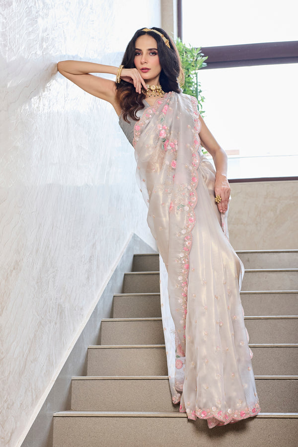 Grey Tissue Multicolor Sequins Saree