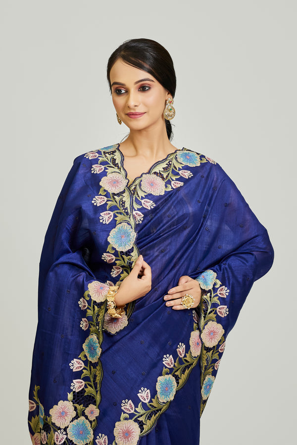 Navy Blue Semi Tussar Saree