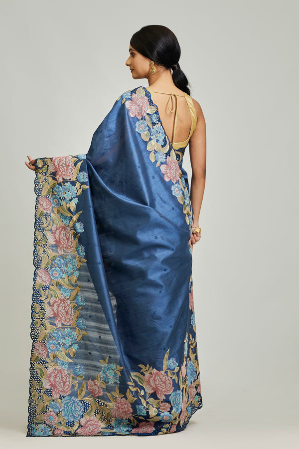 Blue Semi Tussar Cutwork Saree