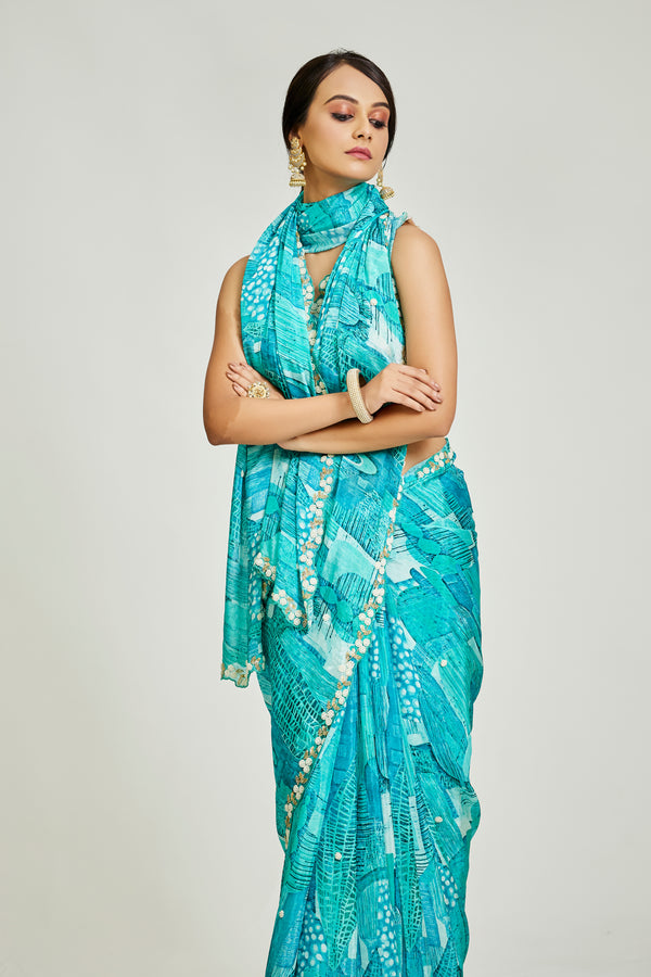 Sky Blue Chinnon Saree