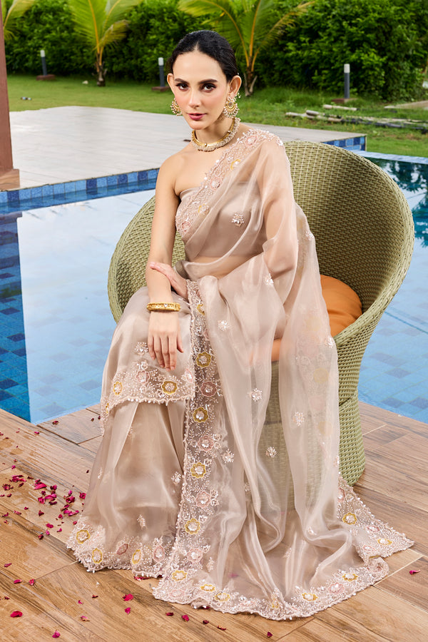 Peach Tissue Patchwork Saree