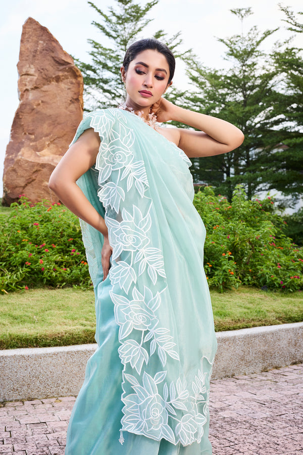 Sky Blue Tissue Applique Saree