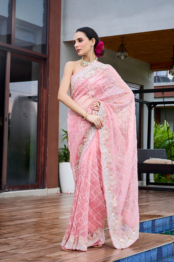 Pink Tissue Sequinswork Saree