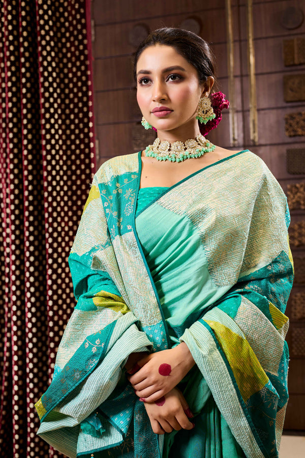 Green Patchwork Pure Munga Silk Saree