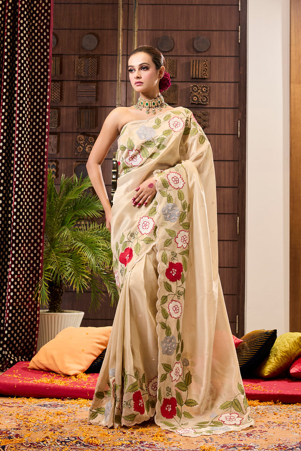 Beige Tissue Applique Saree