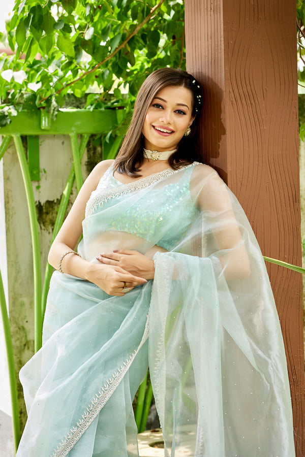 Sky Blue Glass Tissue Saree