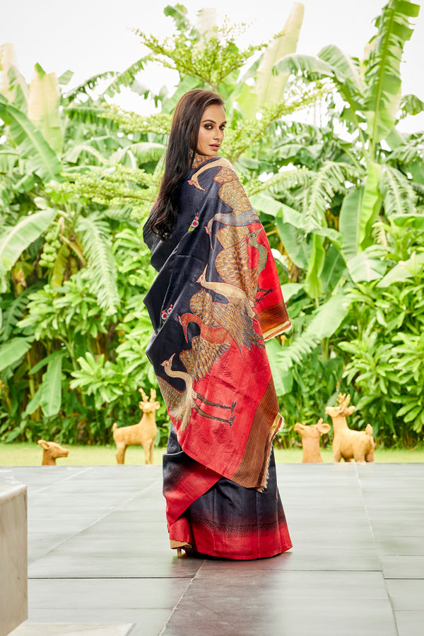 Black Pure Tussar Saree