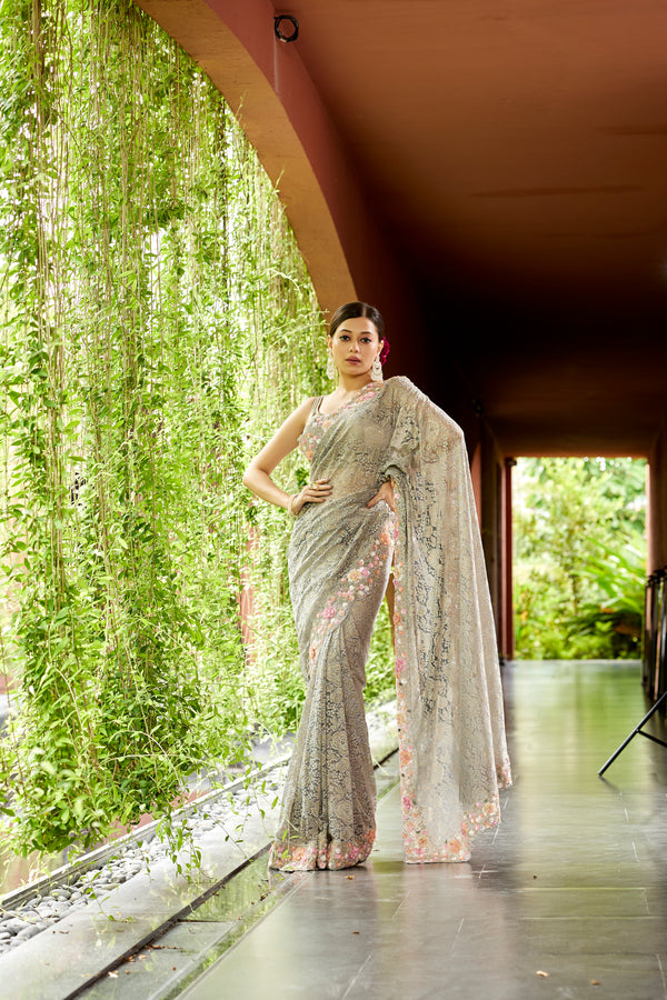 Grey Net Designer Saree