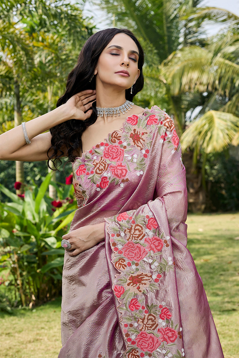 Matsya old rose meera wrinkled tissue sari with blouse | Saree trends, Saree  look, Saree blouse designs latest