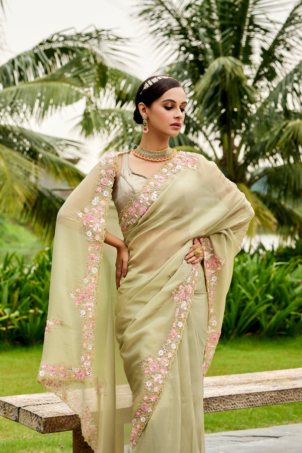 Olive Georgette Tissue Saree