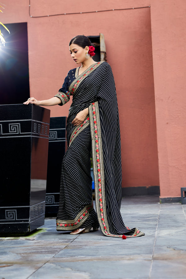 Golden Stripe Black Satin Saree