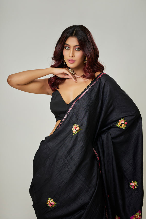 Fancy Black Pure Tussar Saree