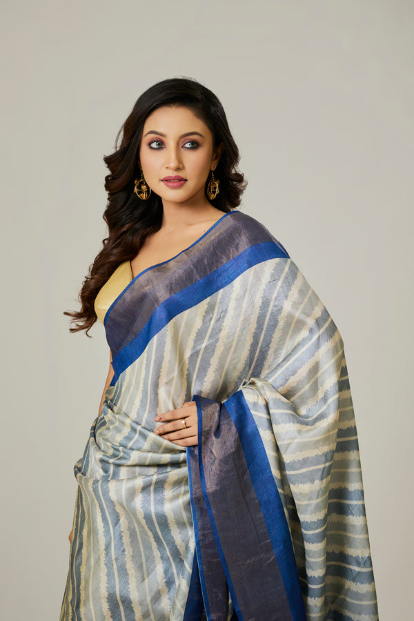 White & Blue Tussar Saree