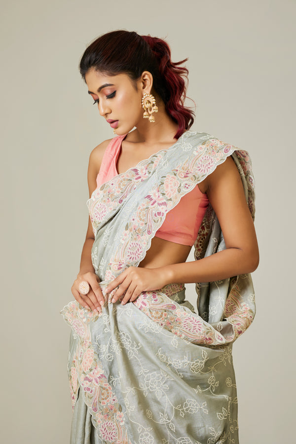 Greyish Green Tussar Saree