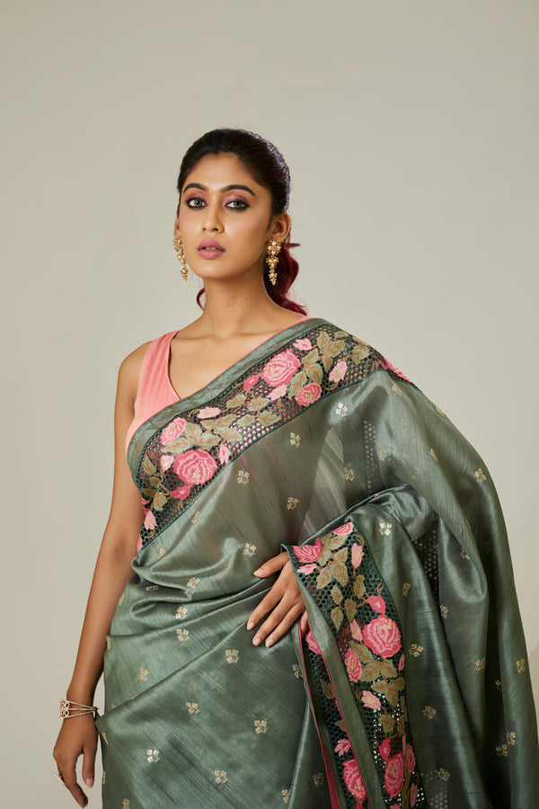 Sap Green Semi Tussar Saree