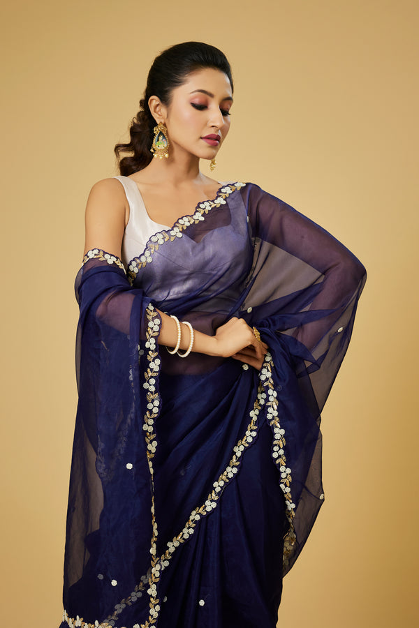 Navy Blue Organza Saree