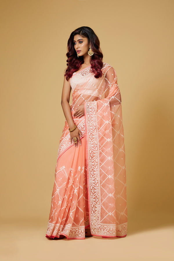 Peach Color  Dhakai Saree