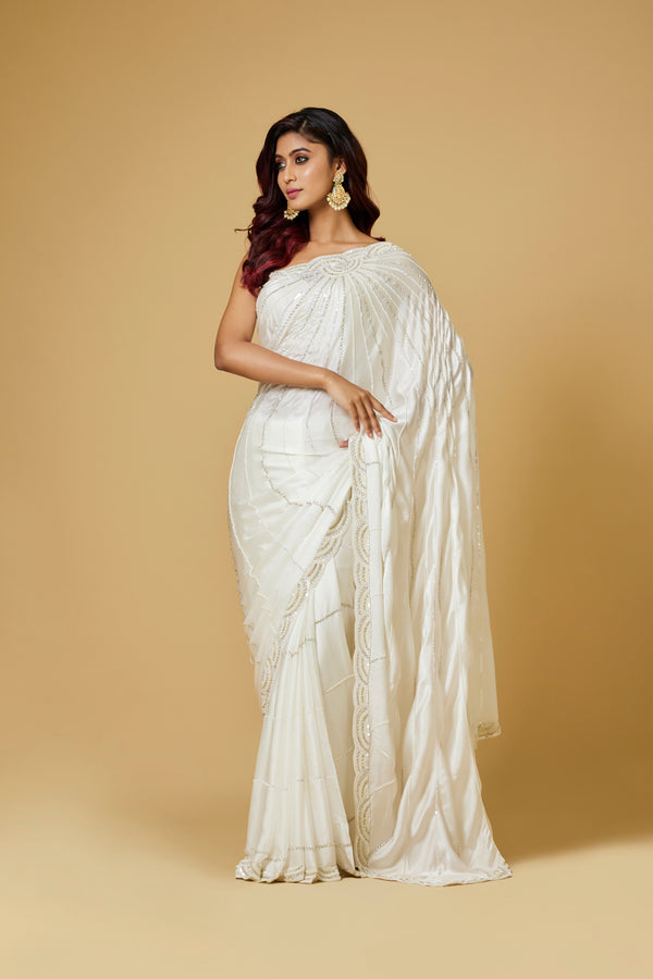 White Chinon Satin Saree