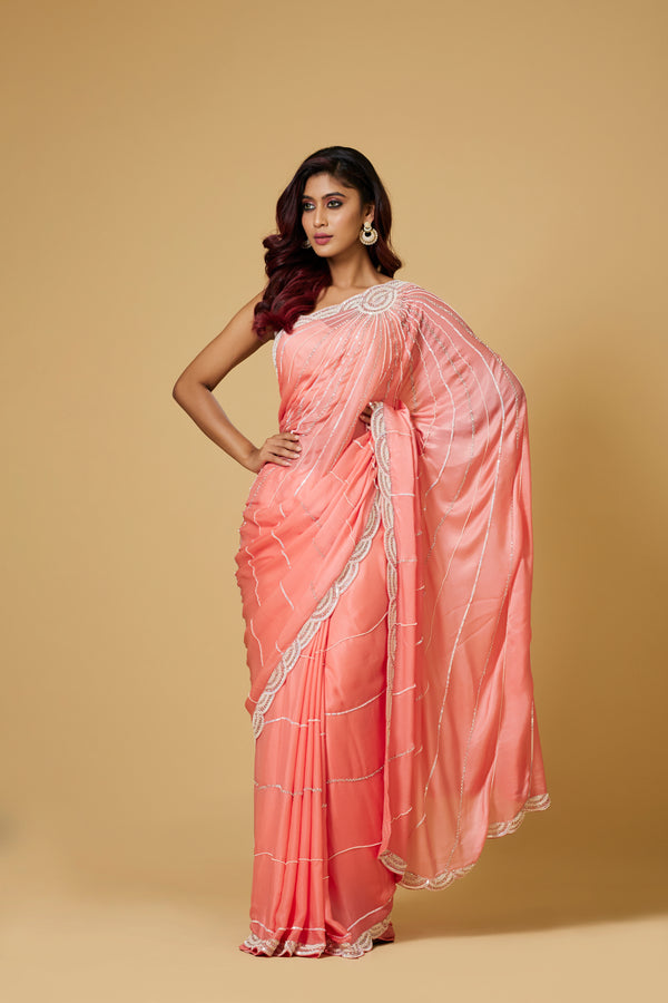 Peach Chinnon Satin Saree