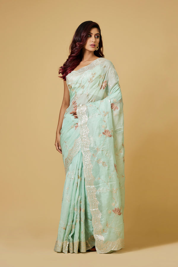 Blue Georgette Organza Saree