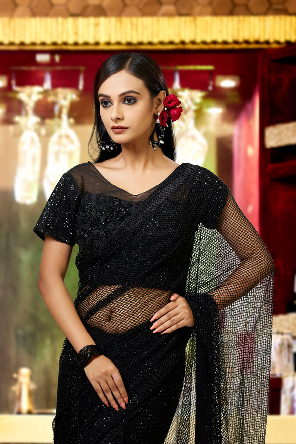 Black Net Saree with stitched blouse