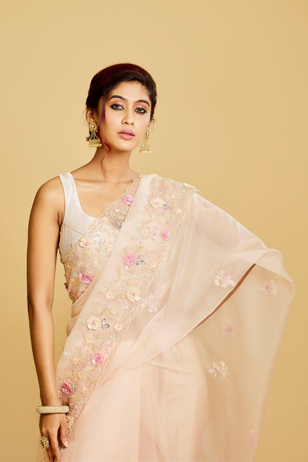 Light Peach 3D Work Saree