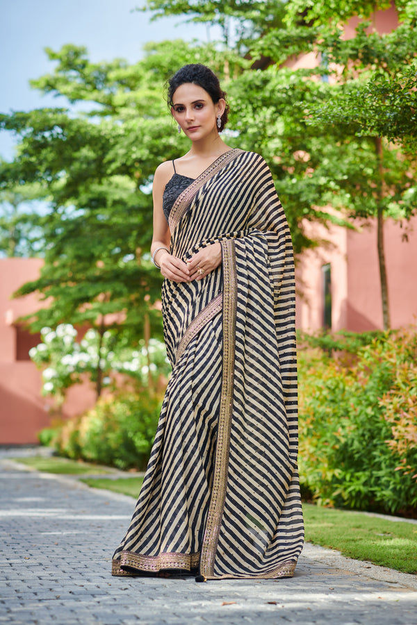 Black & White Chinon Saree