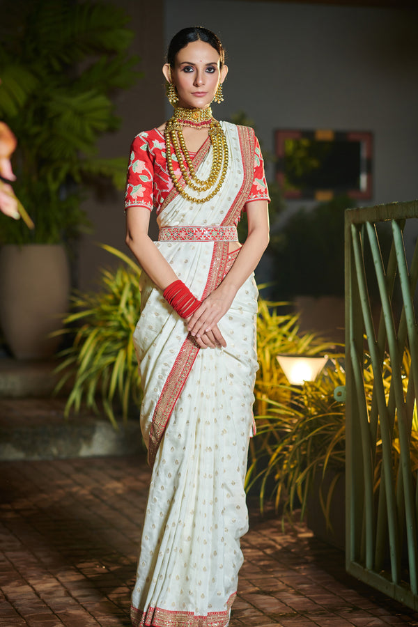 Traditional  Saree with Red Border