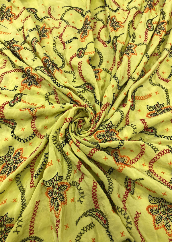 Lime Yellow  Embroidered Pure Crepe