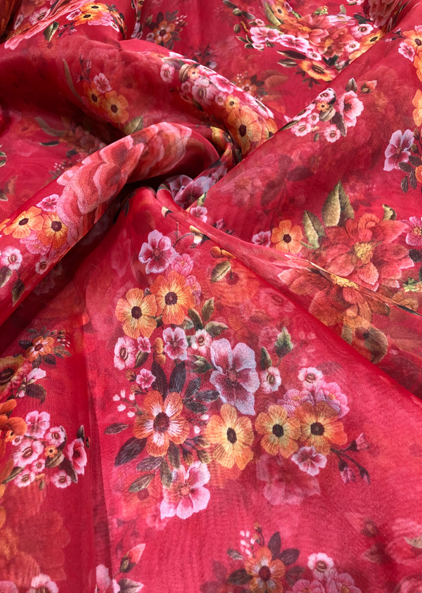 Red Floral Print Organza