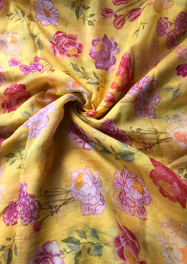 Yellow Floral Print Chanderi