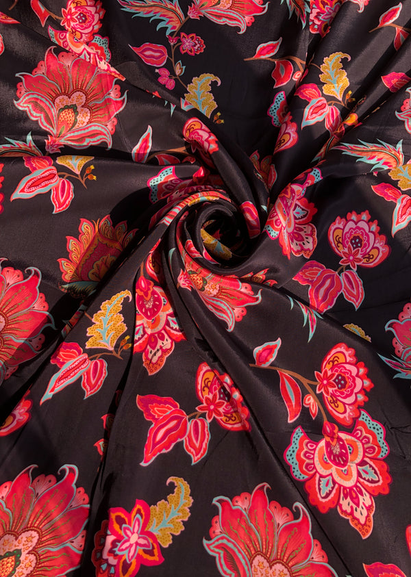 Black & Pink Floral Print Crepe