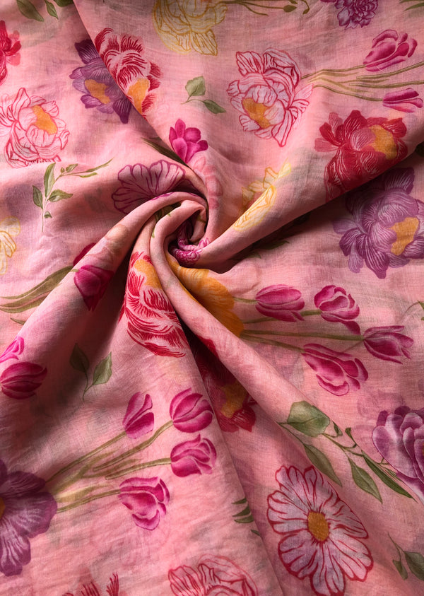 Pink Floral Print Chanderi