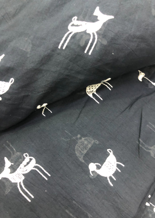 Black Cotton Fabric with White Dear Embroidery