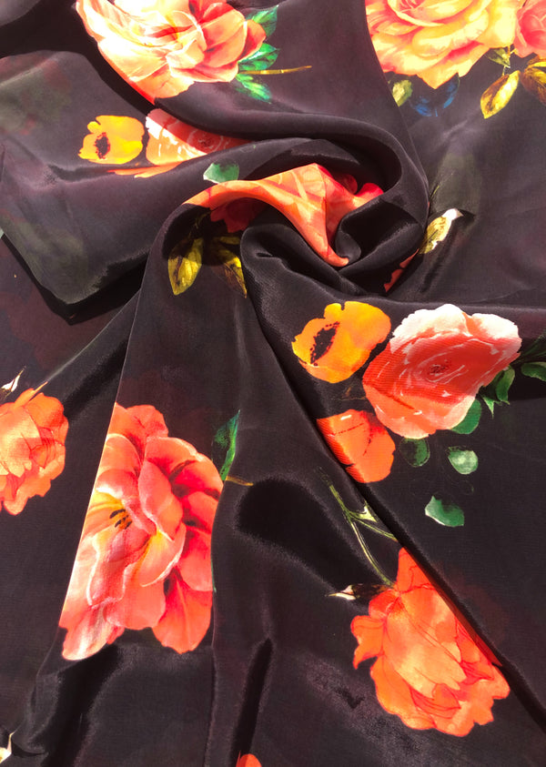 Black Floral Print Crepe