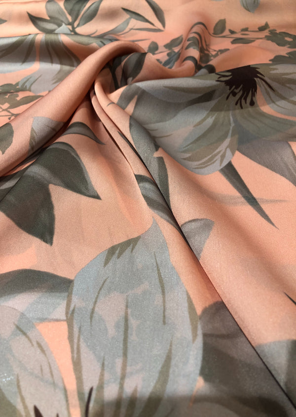 Peach Florl Print Satin Georgette