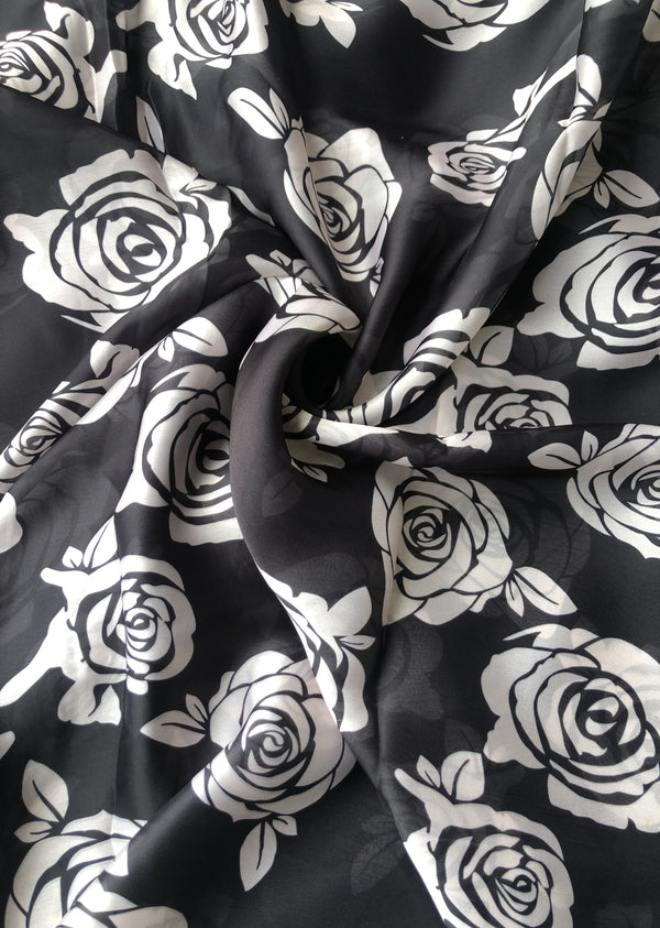 Black Floral Print Satin Georgette