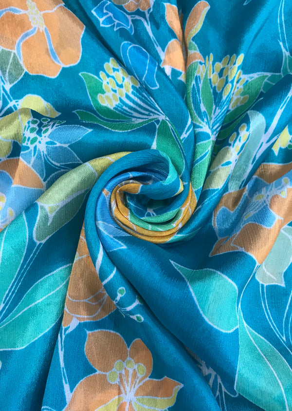 Blue Floral Printed Chinon Chiffon