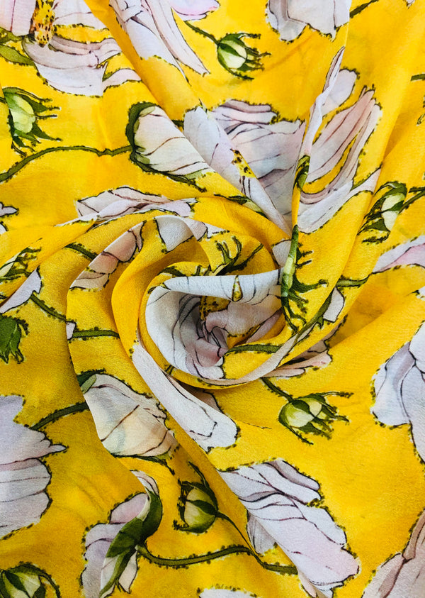 Yellow Floral Print Chinon Chiffon