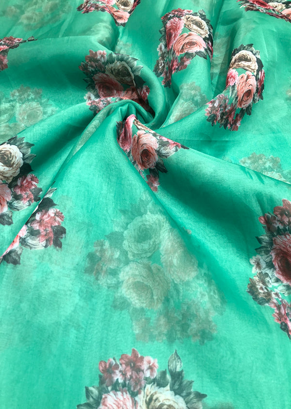 Green Floral Print Organza